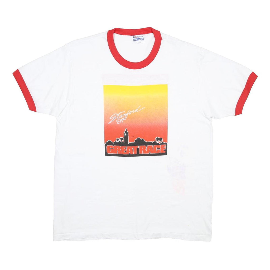 HANES Mens White & Red Great Race Graphic T-Shirt L Short Sleeve Crew Neck