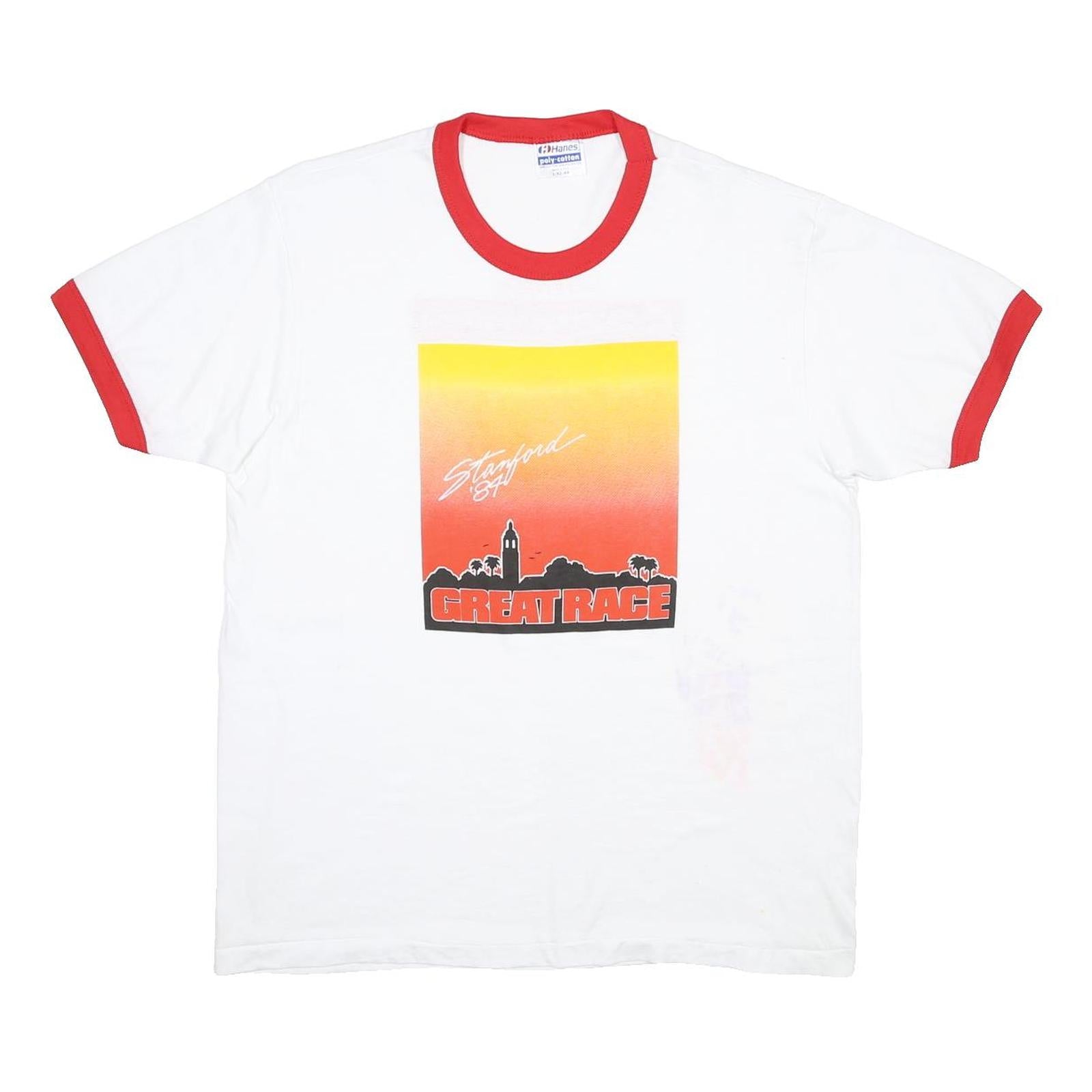 HANES Mens White & Red Great Race Graphic T-Shirt L Short Sleeve Crew Neck