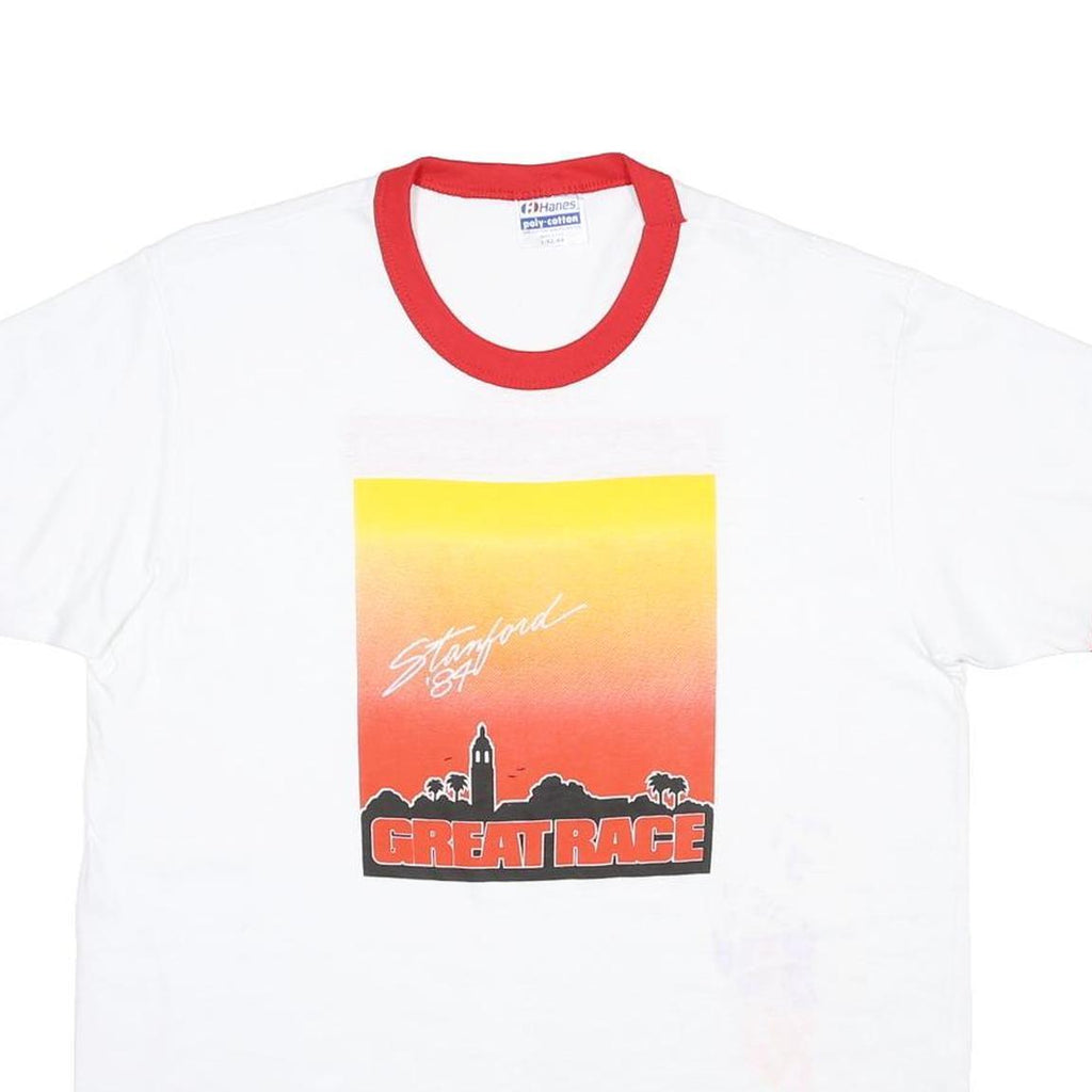 HANES Mens White & Red Great Race Graphic T-Shirt L Short Sleeve Crew Neck