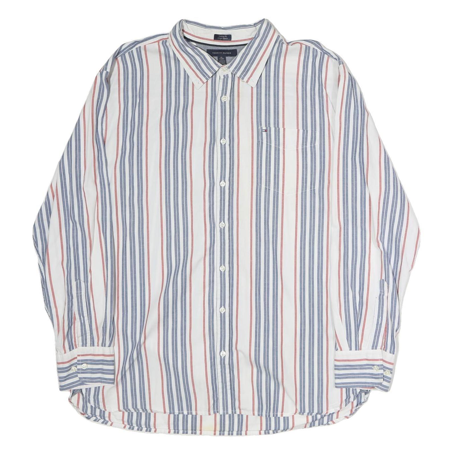 TOMMY HILFIGER Mens Blue & Red Stripe Shirt 2XL Cotton Casual Long Sleeve