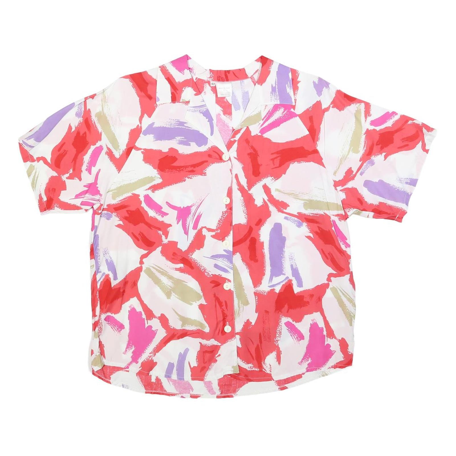 Womens Red Pink Purple White Printed Viscose Shirt Short Sleeve Button Neck L