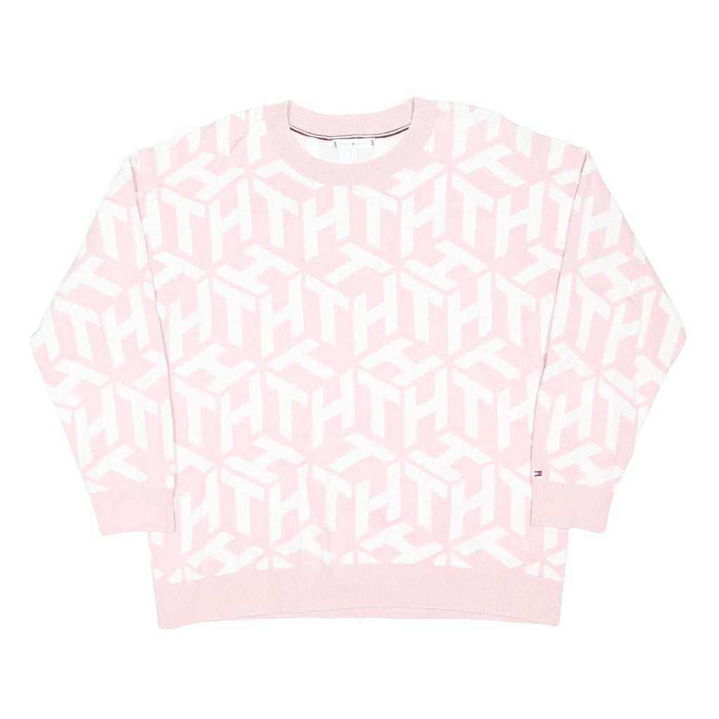 TOMMY HILFIGER Womens Pink & White Patterned Cotton Blend Jumper Crew Neck Basic