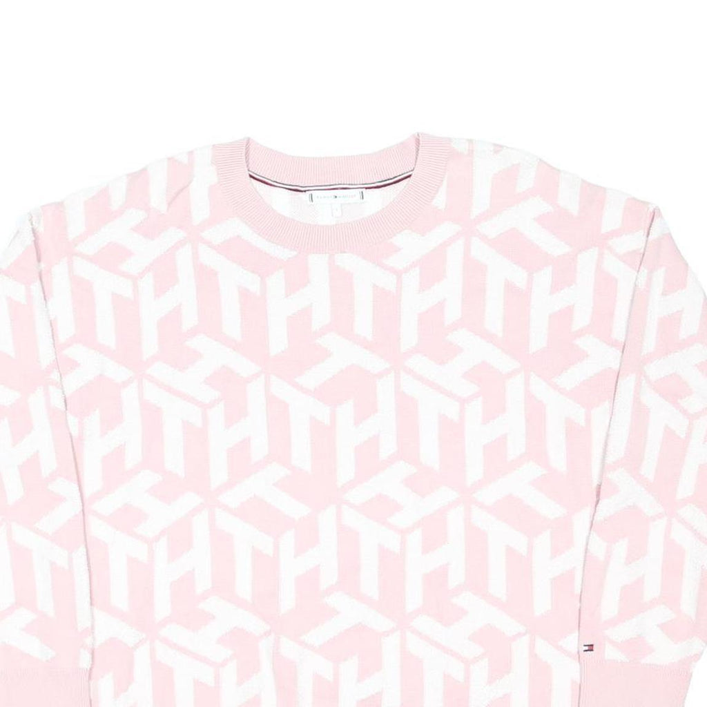 TOMMY HILFIGER Womens Pink & White Patterned Cotton Blend Jumper Crew Neck Basic