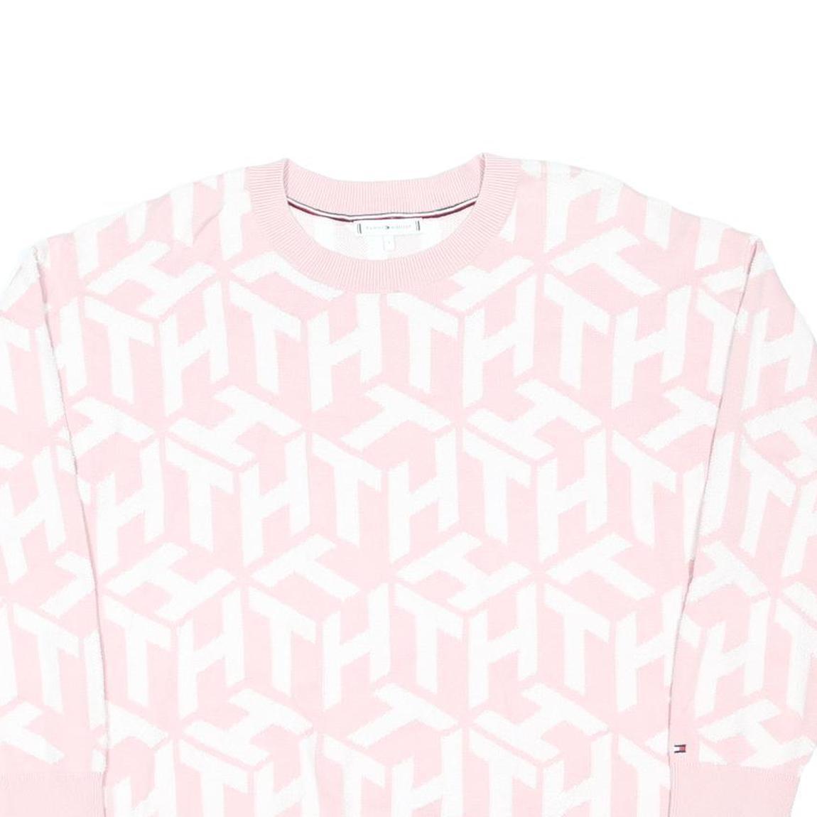 TOMMY HILFIGER Womens Pink & White Patterned Cotton Blend Jumper Crew Neck Basic