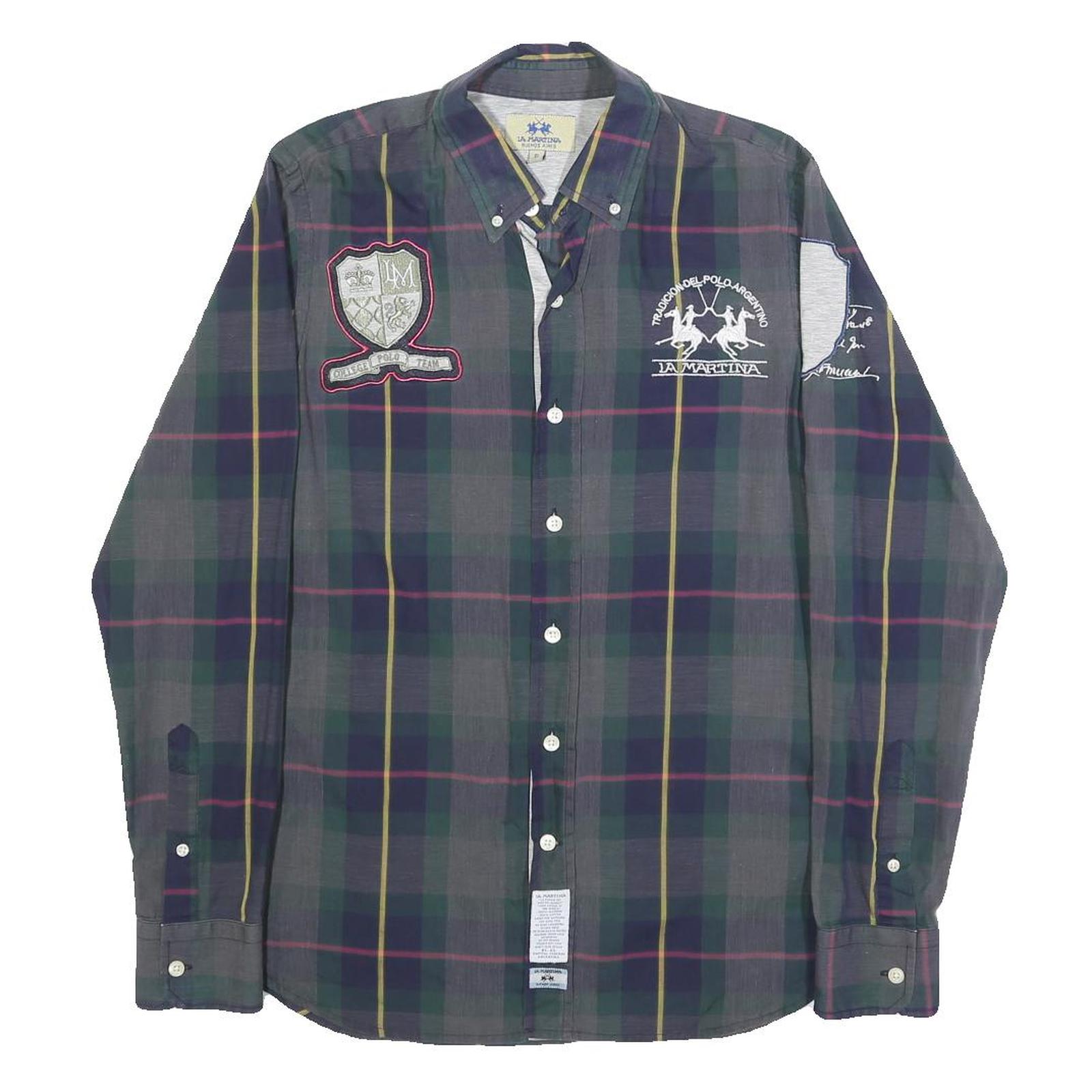 LA MARTINA Mens Green & Blue Checked Shirt S Cotton Button Down Polo Crest