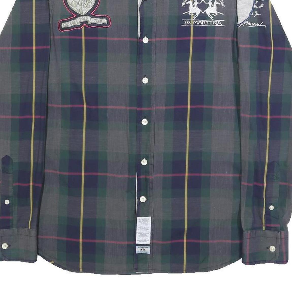 LA MARTINA Mens Green & Blue Checked Shirt S Cotton Button Down Polo Crest