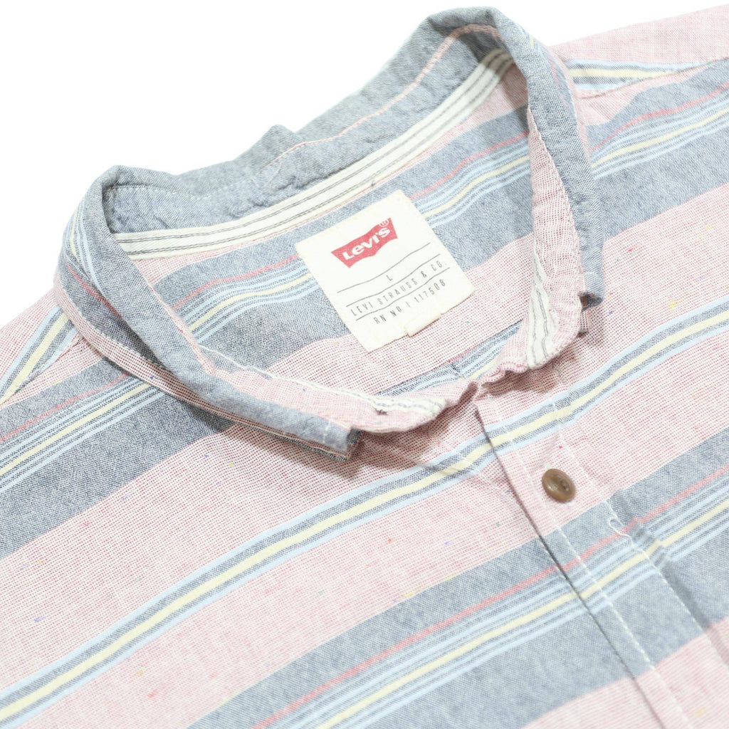 LEVI'S Mens Pink & Blue Striped Casual Cotton Blend Shirt L Short Sleeve