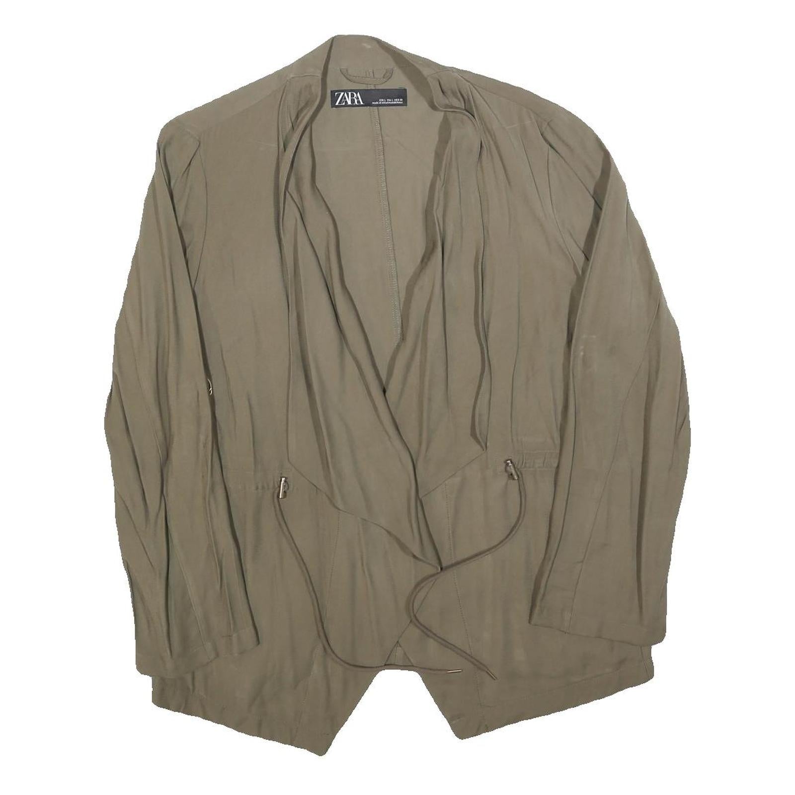 ZARA Womens Beige Cotton Blend Casual Jacket L Drawstring Open Front Relaxed