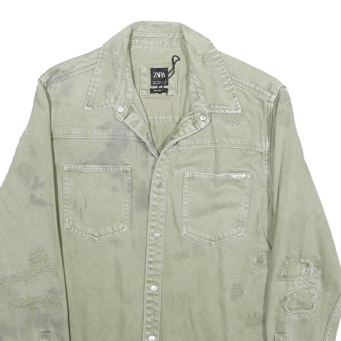ZARA Mens Beige Cotton Distressed Button Jacket XL Woven Casual Wear