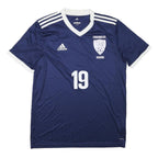 ADIDAS Mens Blue White Classic Football T-Shirt L Short Sleeve V-Neck