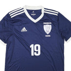 ADIDAS Mens Blue White Classic Football T-Shirt L Short Sleeve V-Neck