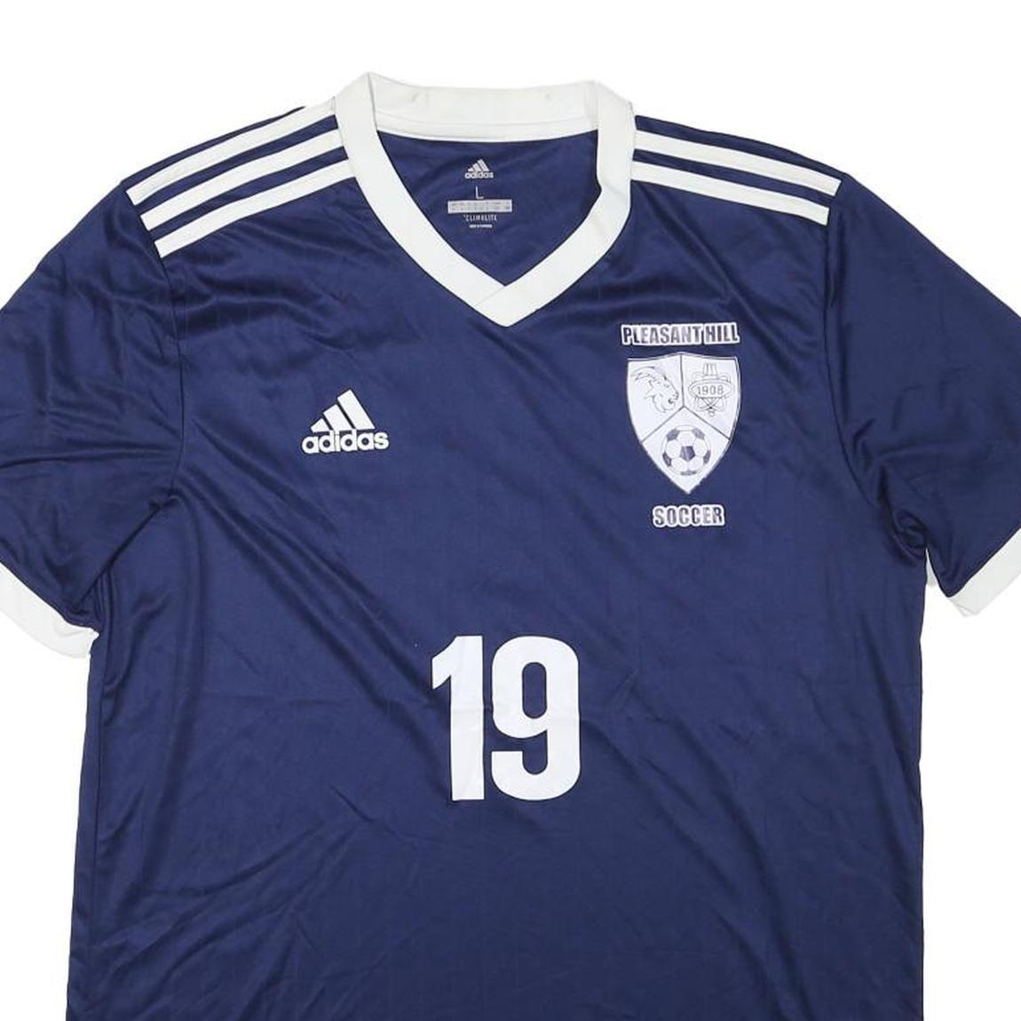 ADIDAS Mens Blue White Classic Football T-Shirt L Short Sleeve V-Neck