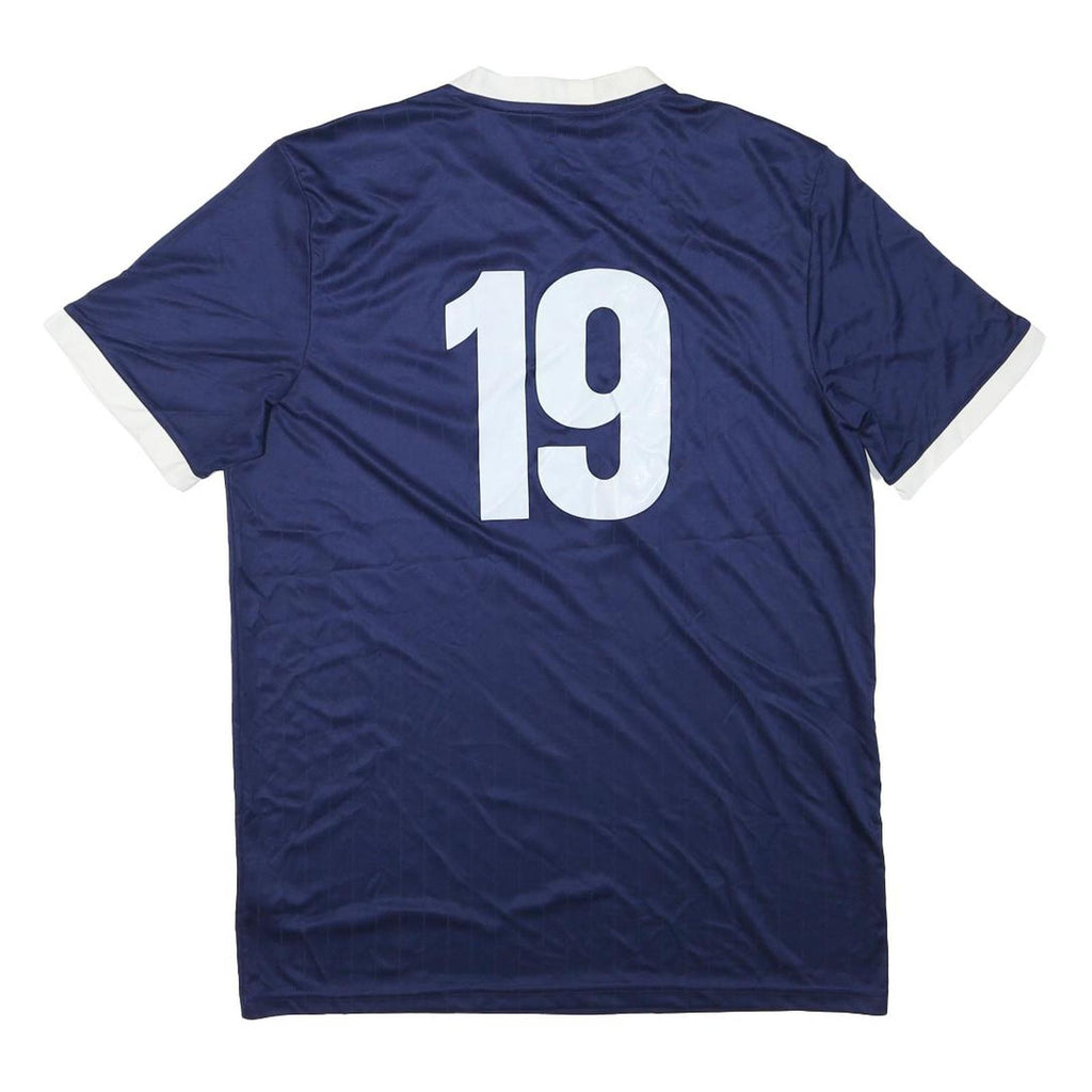 ADIDAS Mens Blue White Classic Football T-Shirt L Short Sleeve V-Neck