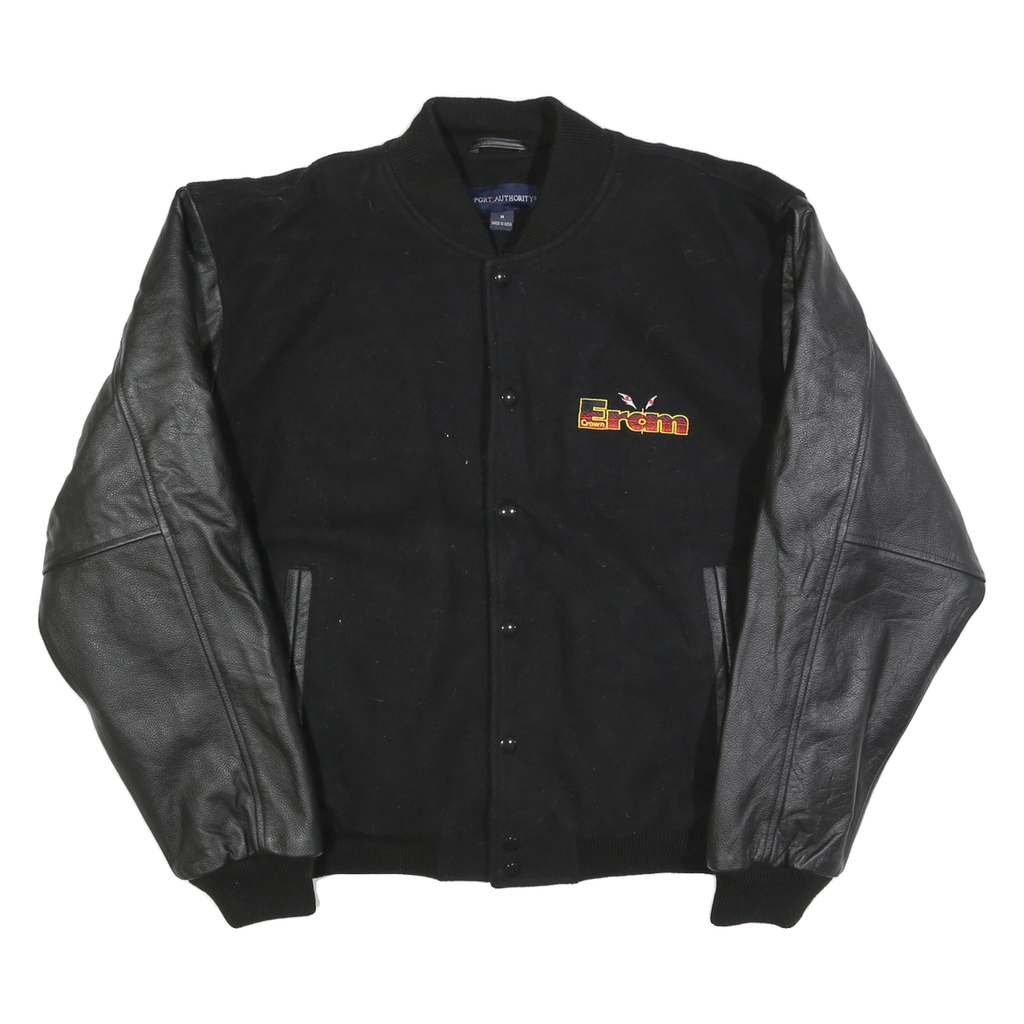 PORT AUTHORITY Mens Black Wool Button Jacket M Bomber Sleeve Leather Patchwork