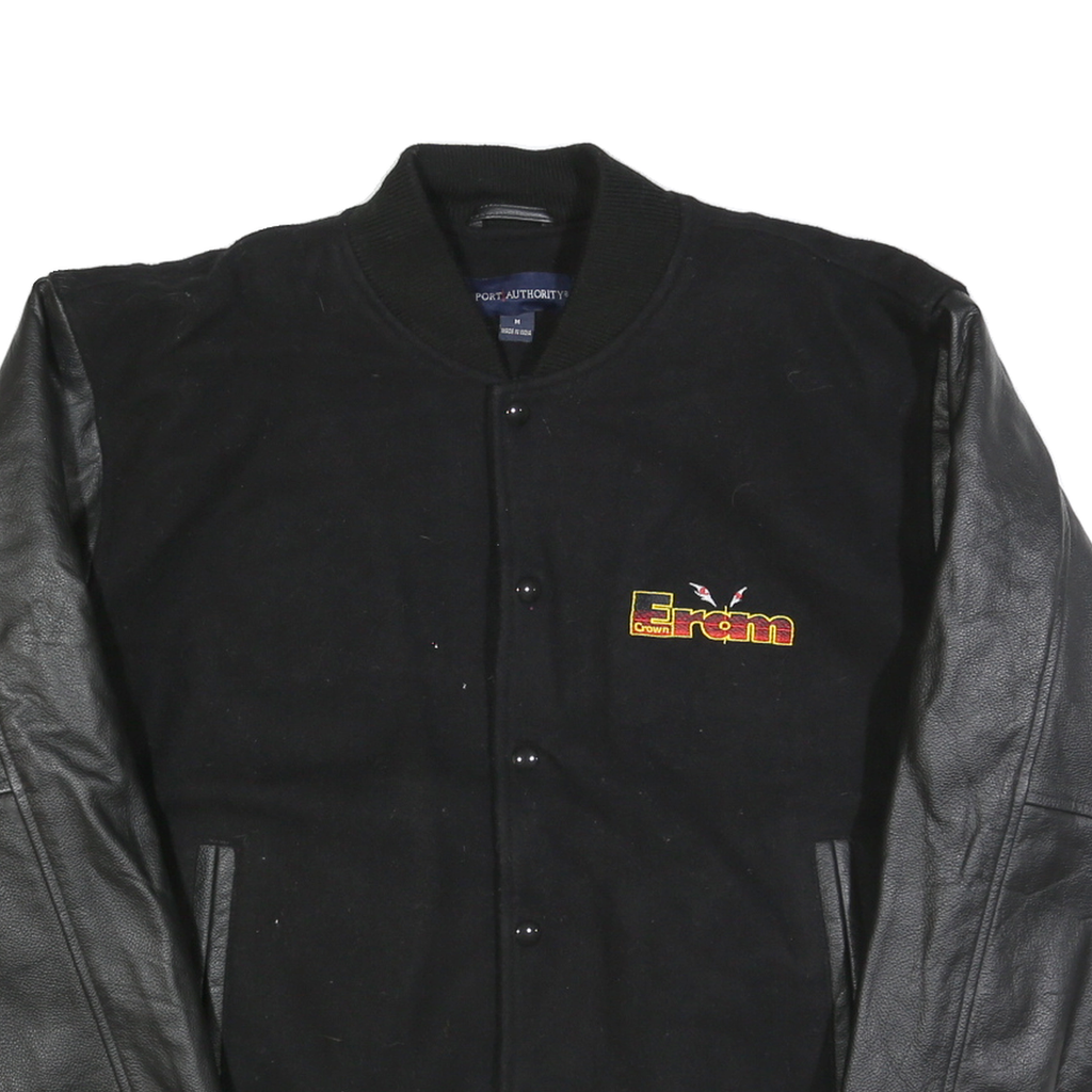 PORT AUTHORITY Mens Black Wool Button Jacket M Bomber Sleeve Leather Patchwork