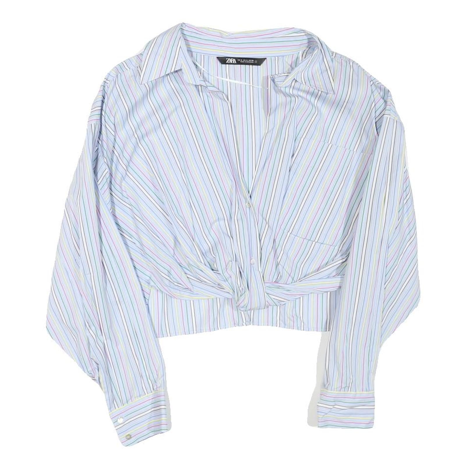 ZARA Womens Blue & Pink Stripe Shirt M Cropped Button Up Long Sleeve