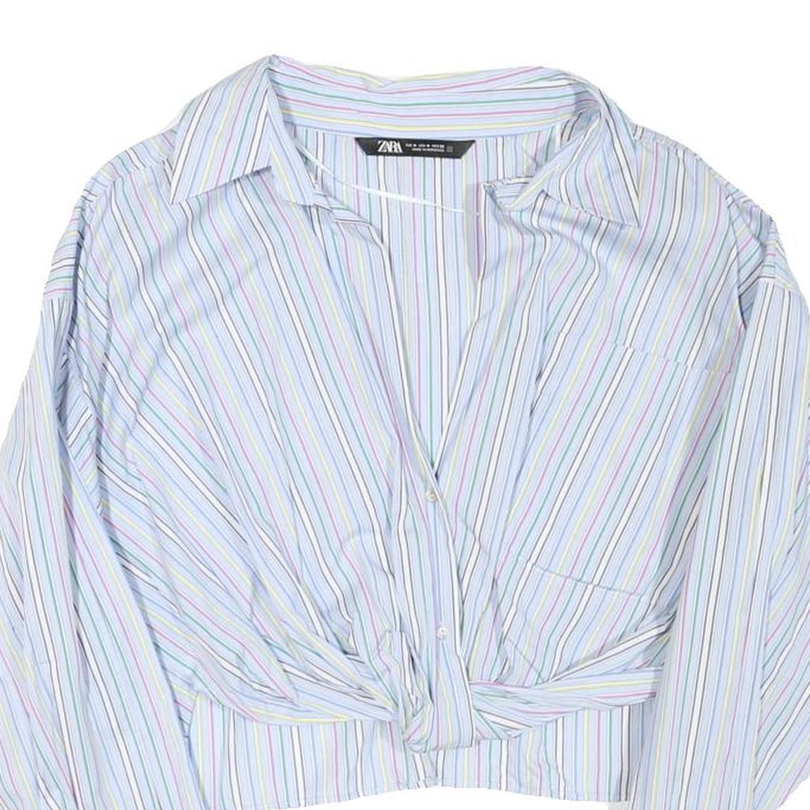 ZARA Womens Blue & Pink Stripe Shirt M Cropped Button Up Long Sleeve
