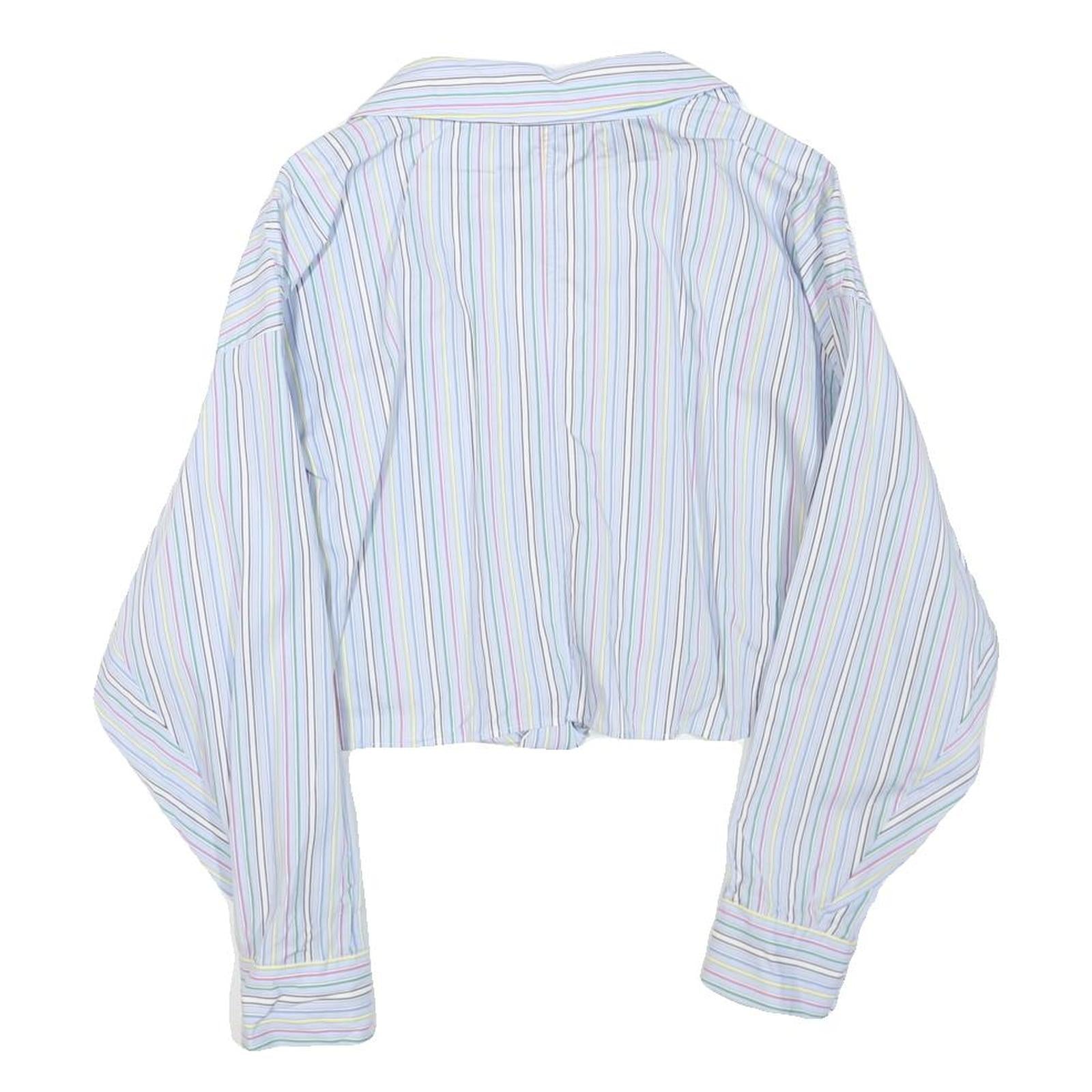 ZARA Womens Blue & Pink Stripe Shirt M Cropped Button Up Long Sleeve