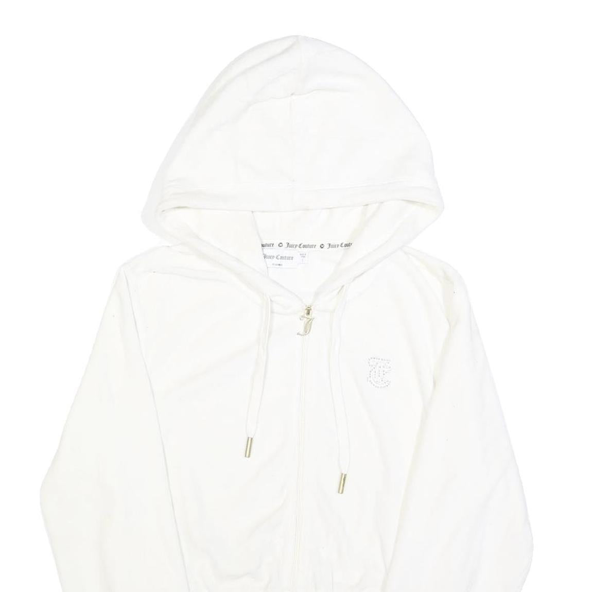 JUICY COUTURE Womens White Full Zip Hoodie L Velvet Glitter Logo Cropped