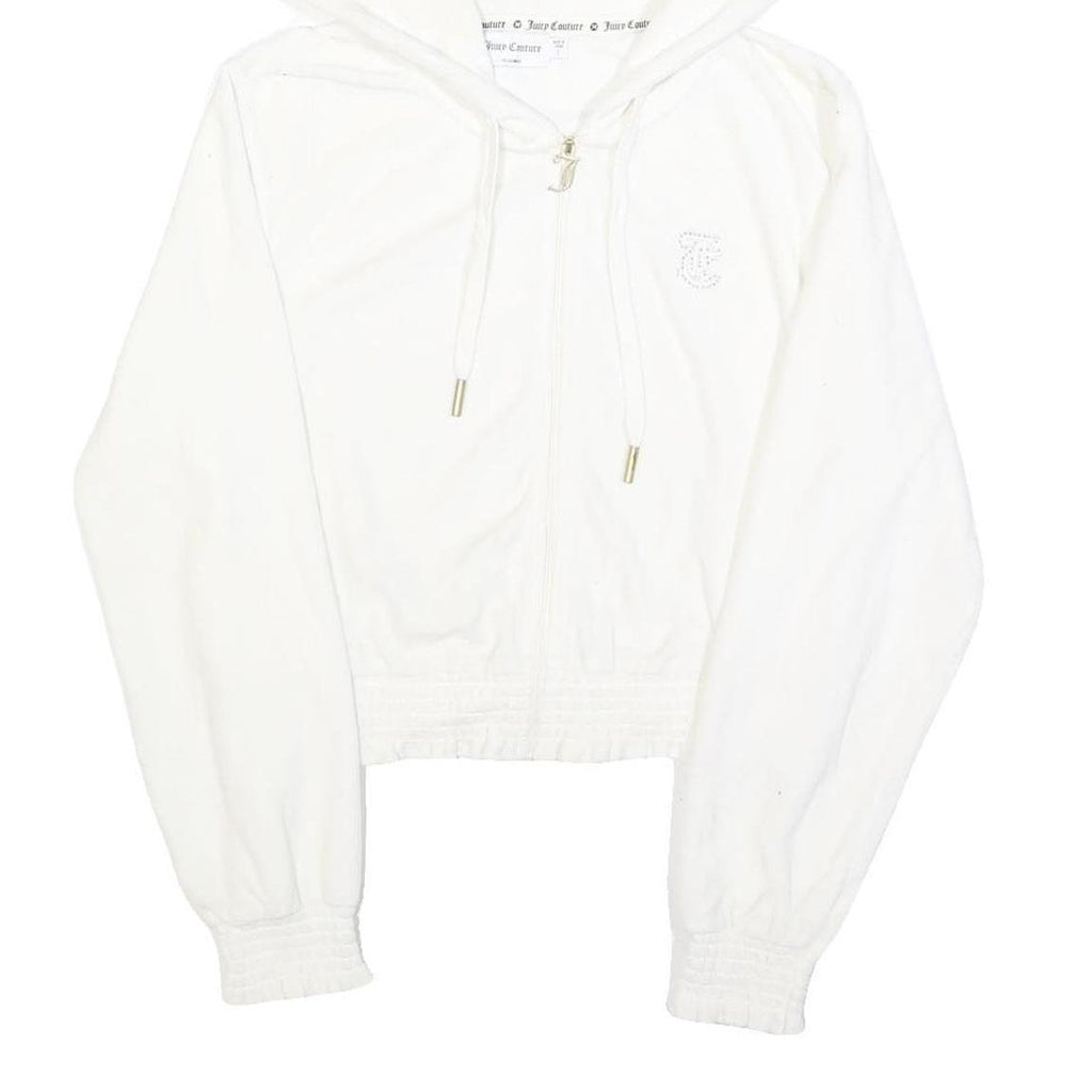 JUICY COUTURE Womens White Full Zip Hoodie L Velvet Glitter Logo Cropped