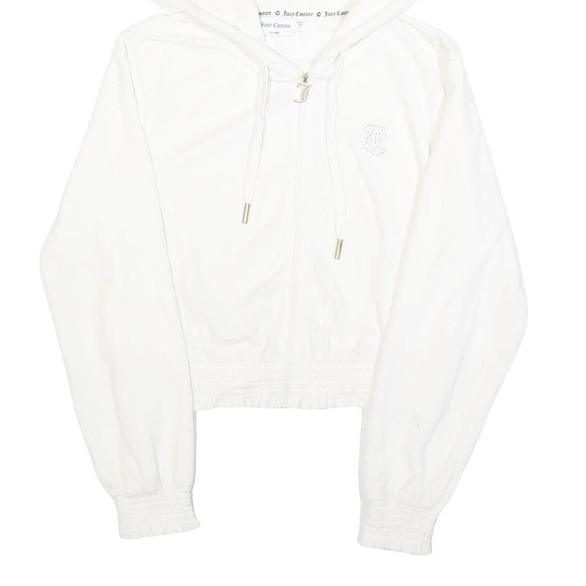 JUICY COUTURE Womens White Full Zip Hoodie L Velvet Glitter Logo Cropped