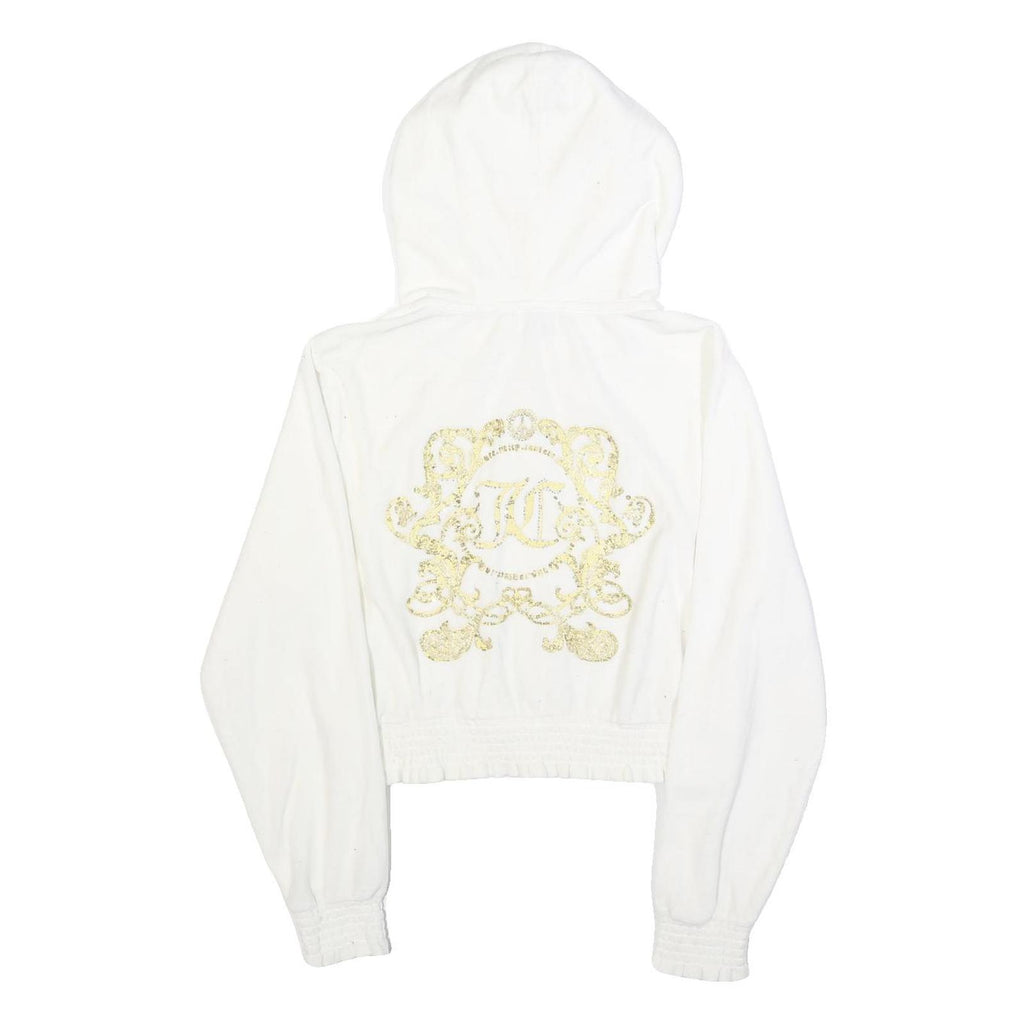 JUICY COUTURE Womens White Full Zip Hoodie L Velvet Glitter Logo Cropped
