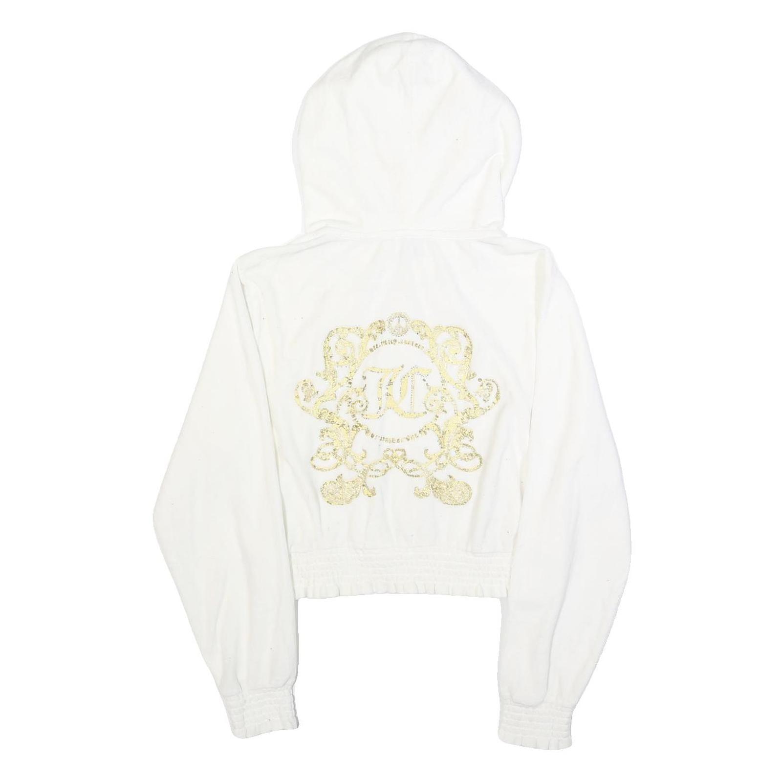 JUICY COUTURE Womens White Full Zip Hoodie L Velvet Glitter Logo Cropped