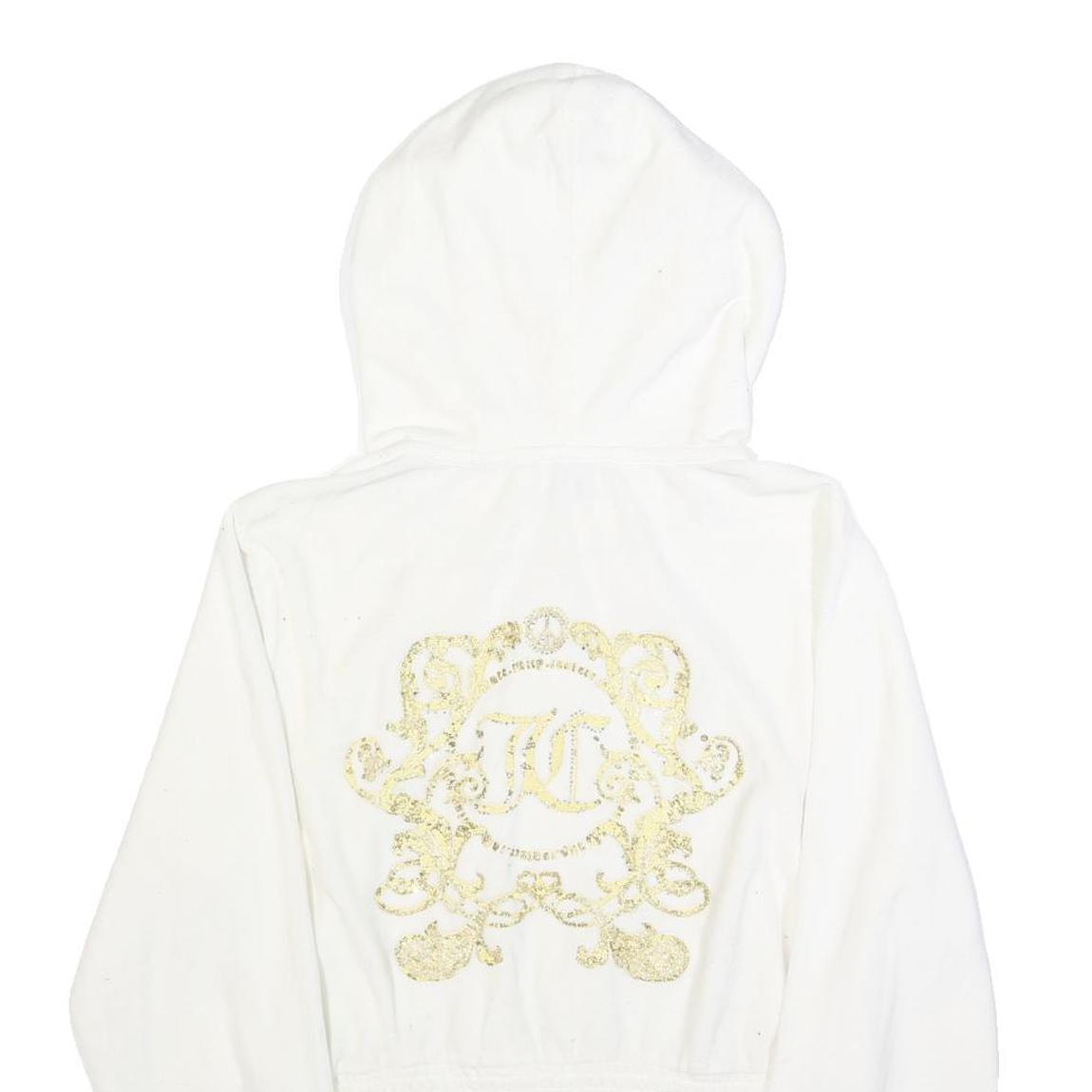 JUICY COUTURE Womens White Full Zip Hoodie L Velvet Glitter Logo Cropped