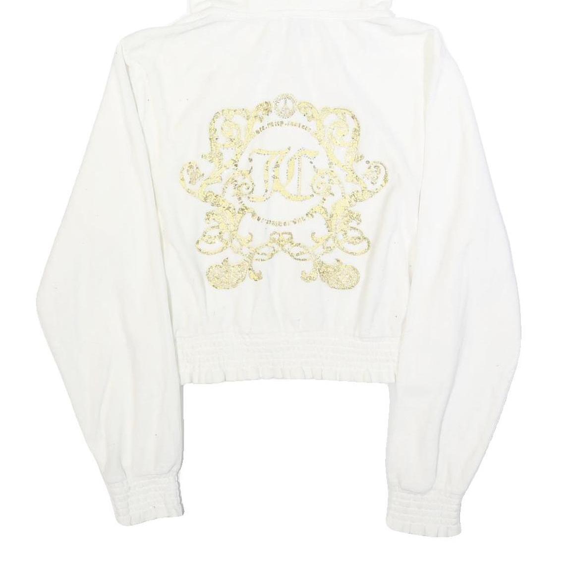 JUICY COUTURE Womens White Full Zip Hoodie L Velvet Glitter Logo Cropped