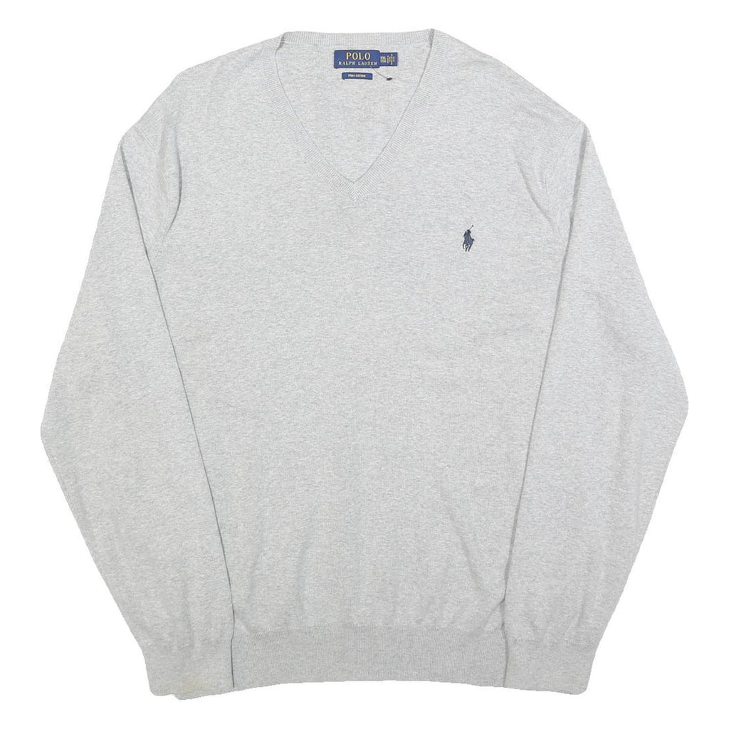POLO RALPH LAUREN Mens Grey Plain V Neck Basic Knit Jumper 2XL Cotton Classic
