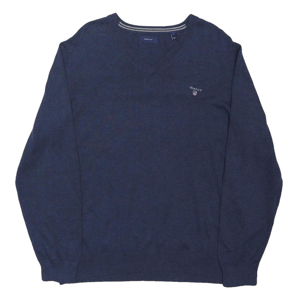 GANT Mens Blue Plain V-Neck Basic Knit Jumper L Cotton Blend Classic