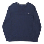 GANT Mens Blue Plain V-Neck Basic Knit Jumper L Cotton Blend Classic