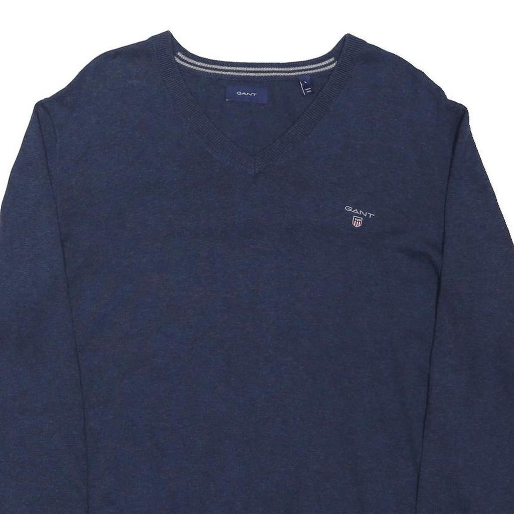 GANT Mens Blue Plain V-Neck Basic Knit Jumper L Cotton Blend Classic