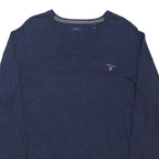 GANT Mens Blue Plain V-Neck Basic Knit Jumper L Cotton Blend Classic