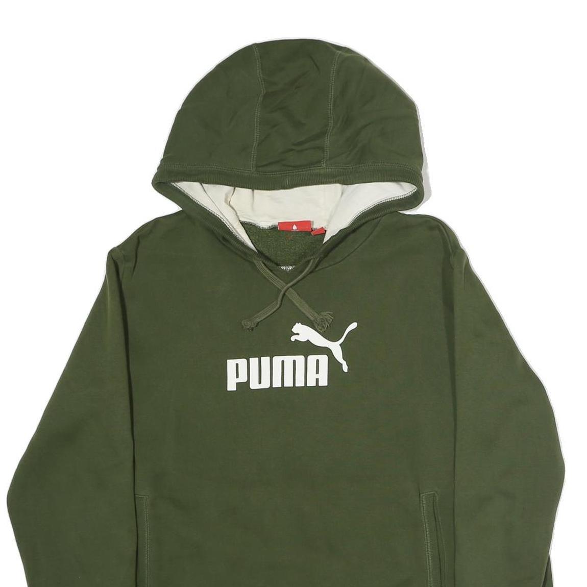 PUMA Mens Green Pullover Hoodie M Cotton Jersey Drawstring Pocket Relaxed Fit