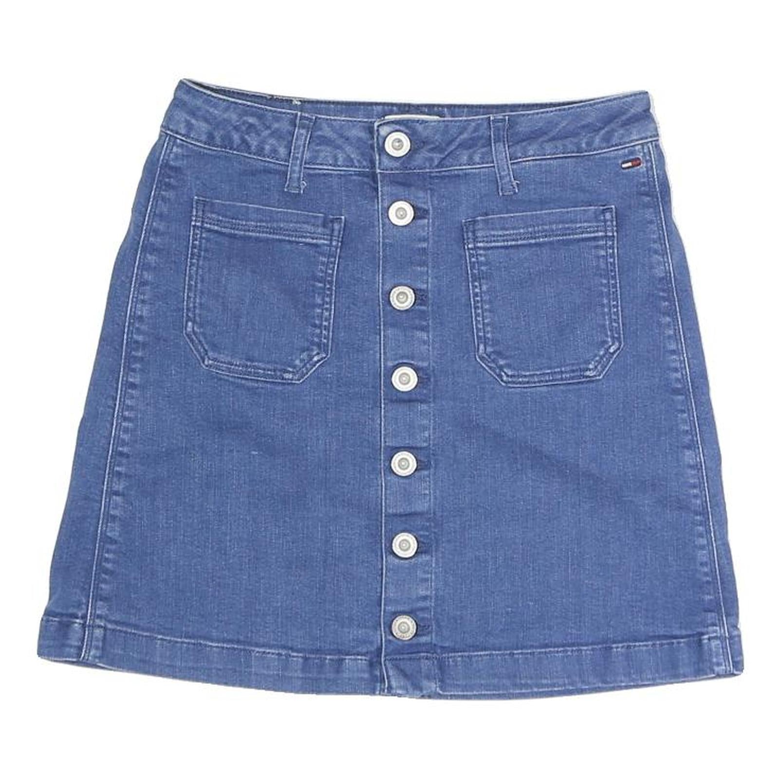 TOMMY HILFIGER Womens Blue Denim Mini Cotton Blend Skirt Button Front S Retro