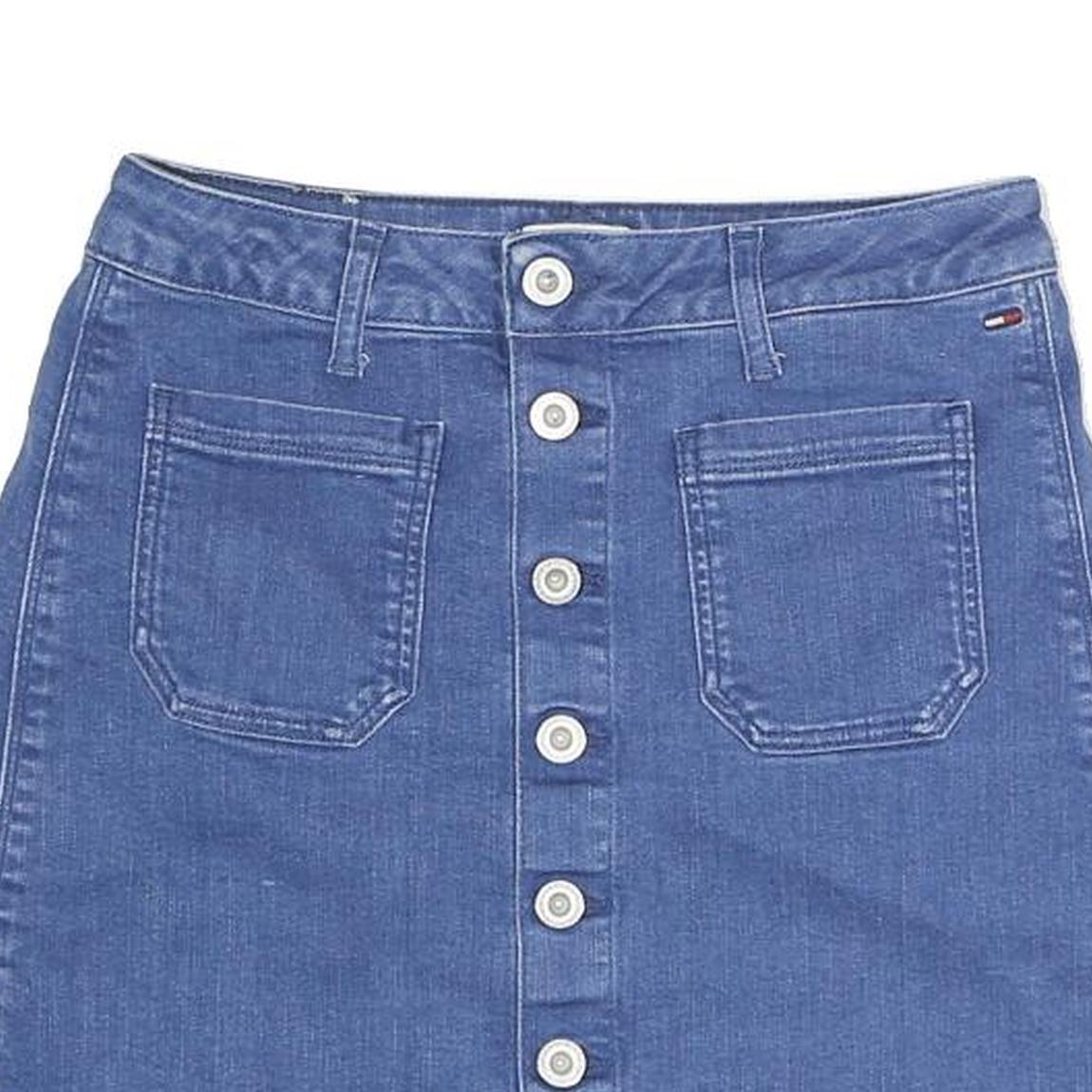 TOMMY HILFIGER Womens Blue Denim Mini Cotton Blend Skirt Button Front S Retro