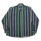 TOWNCRAFT Mens Green & Blue Striped Shirt L Cotton Casual Long Sleeve