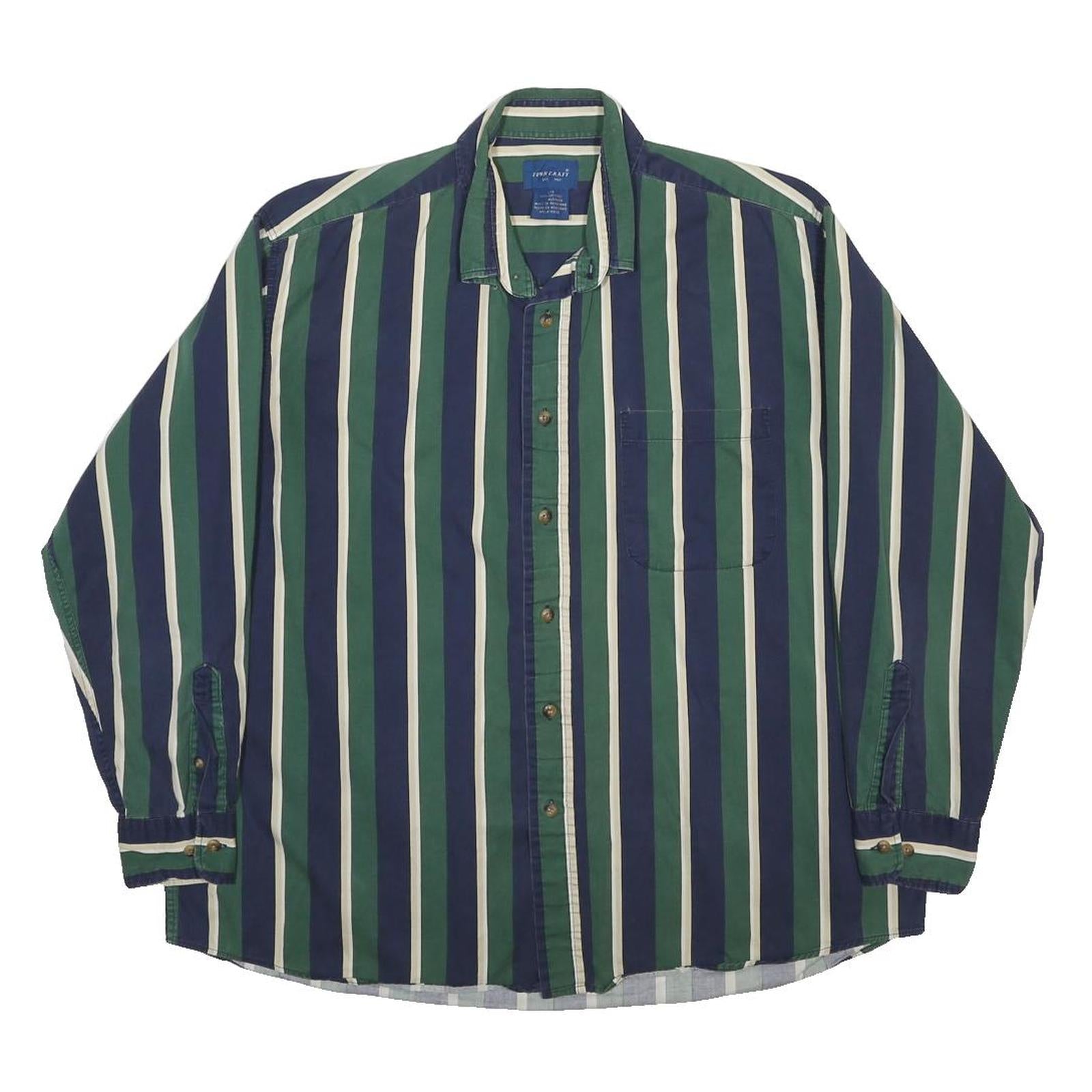 TOWNCRAFT Mens Green & Blue Striped Shirt L Cotton Casual Long Sleeve