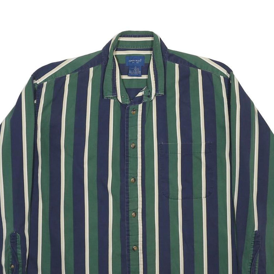 TOWNCRAFT Mens Green & Blue Striped Shirt L Cotton Casual Long Sleeve