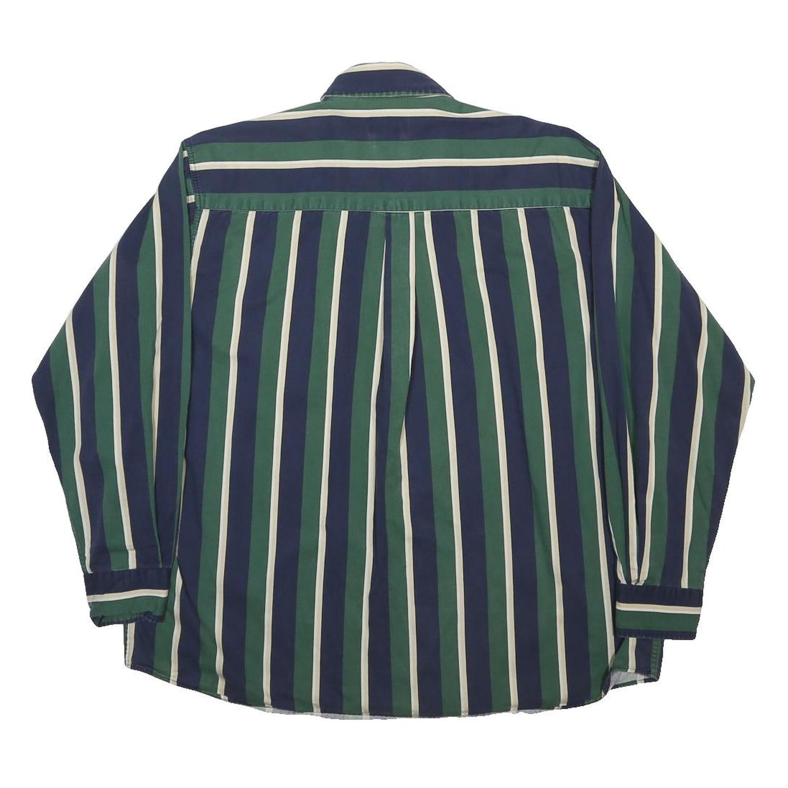 TOWNCRAFT Mens Green & Blue Striped Shirt L Cotton Casual Long Sleeve