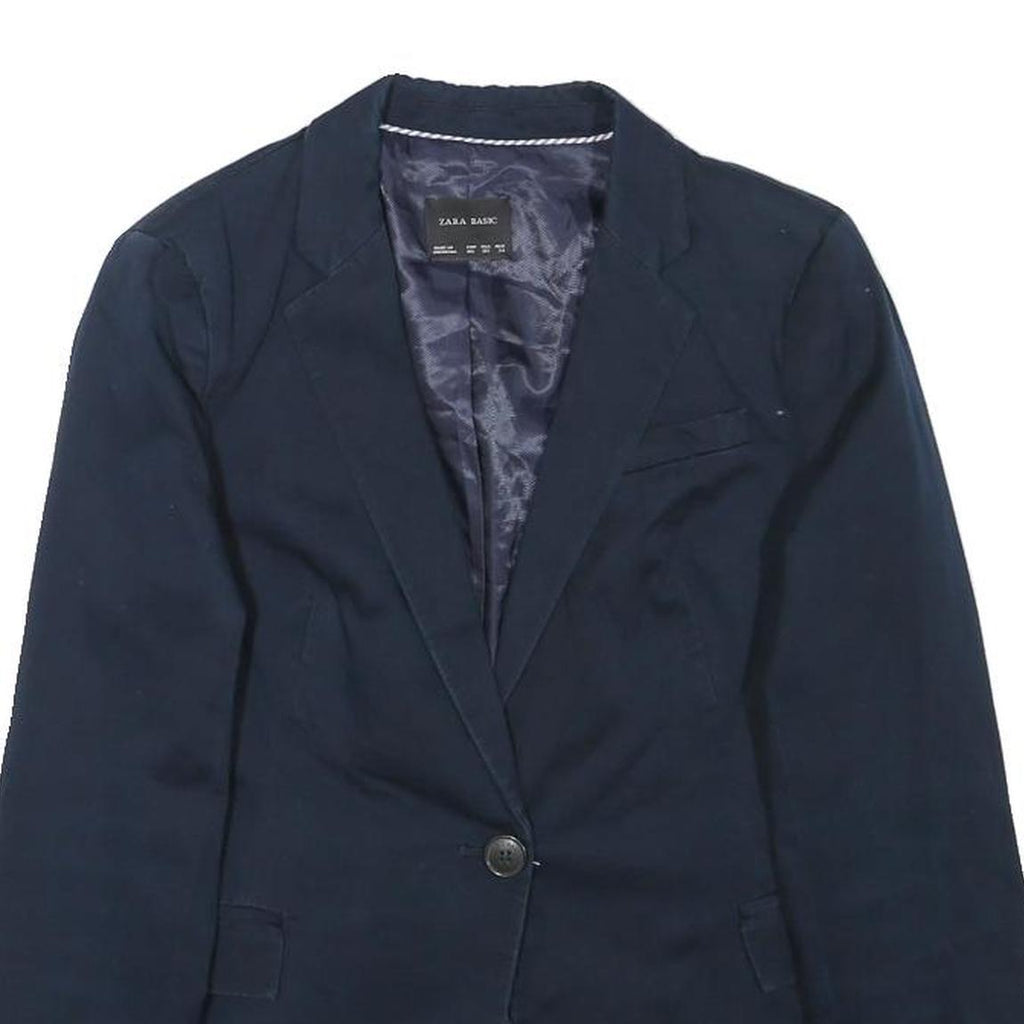 ZARA Womens Navy Blue Basic Blazer Jacket XS Cotton Blend Button Closure