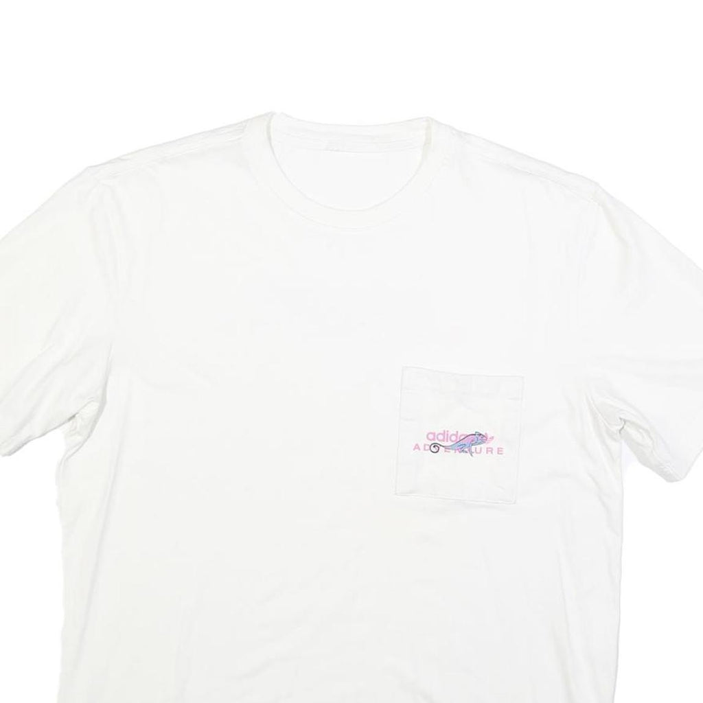 ADIDAS Womens White Adventure Graphic T-Shirt L Short Sleeve Crew Neck Cotton