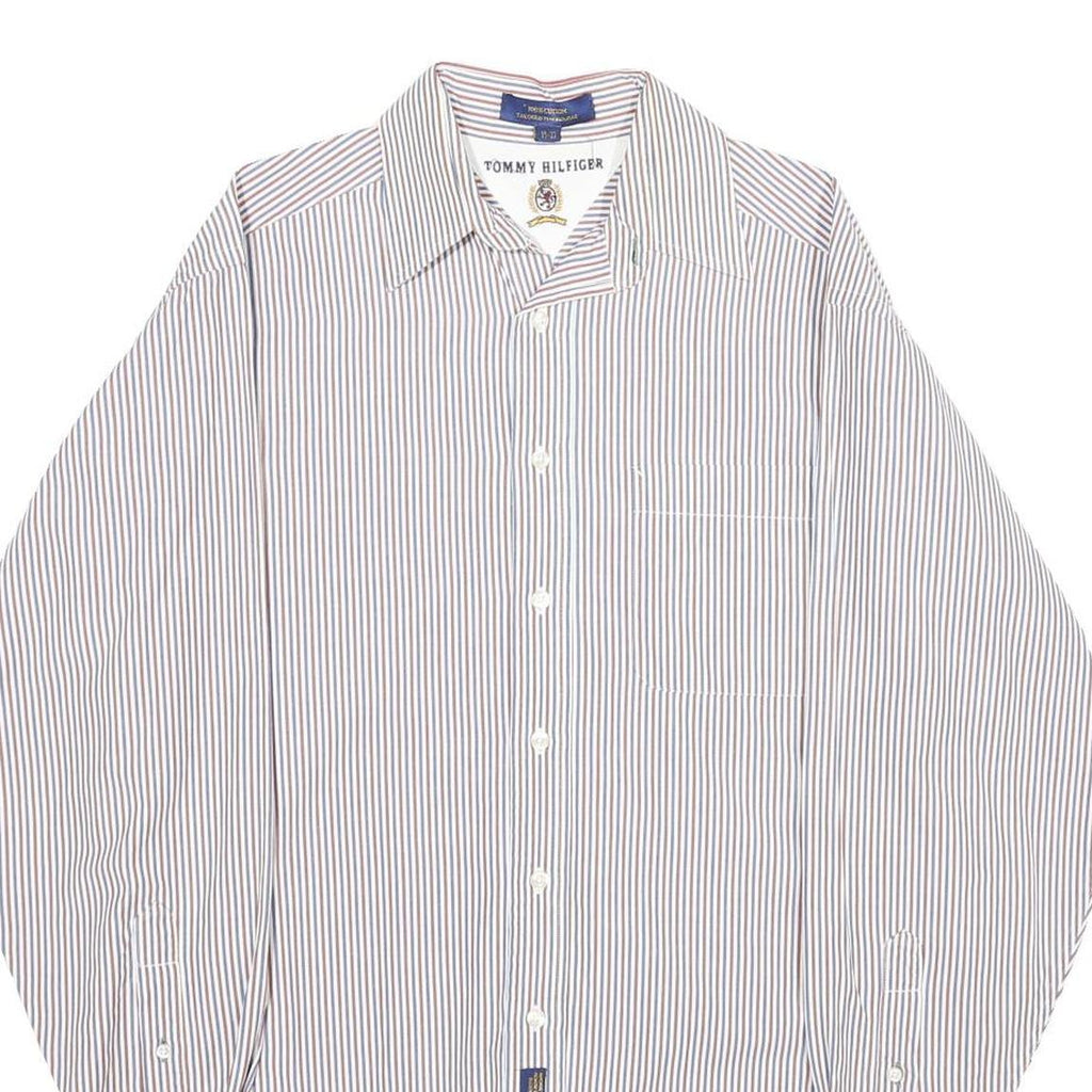 TOMMY HILFIGER Mens White & Brown Stripe Shirt Cotton Long Sleeve Button Shirt L