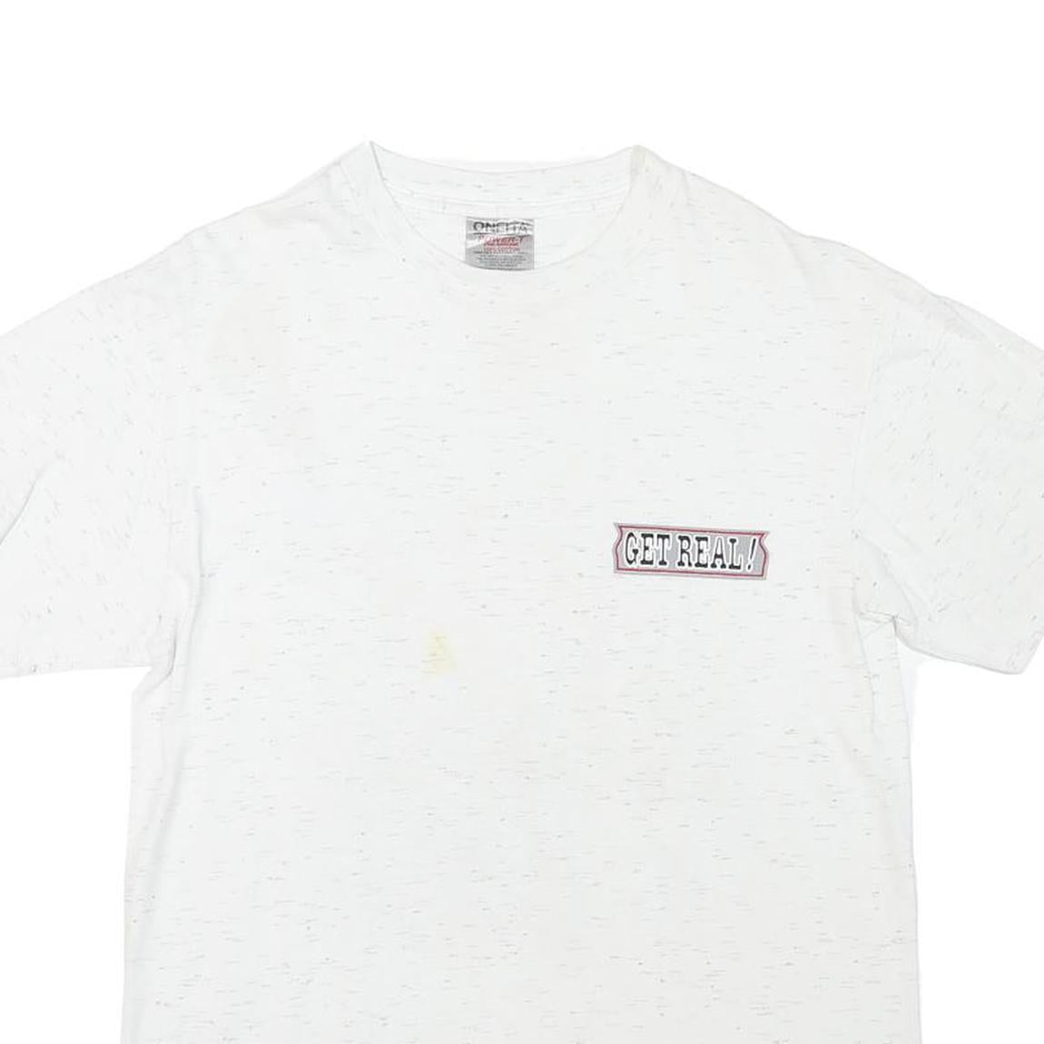 ONEITA Mens White Slogan Graphic T-Shirt M Short Sleeve Crew Neck Sporting