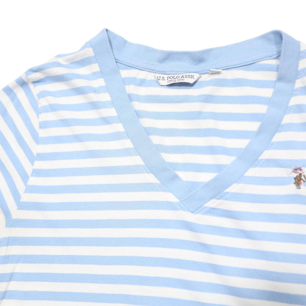 US POLO ASSN Womens Blue & White Striped T-Shirt S Short Sleeve V-Neck Cotton