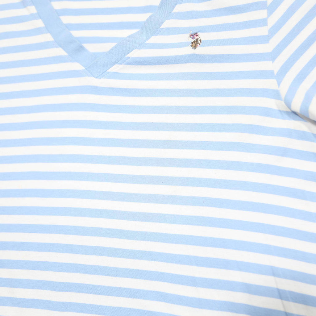 US POLO ASSN Womens Blue & White Striped T-Shirt S Short Sleeve V-Neck Cotton