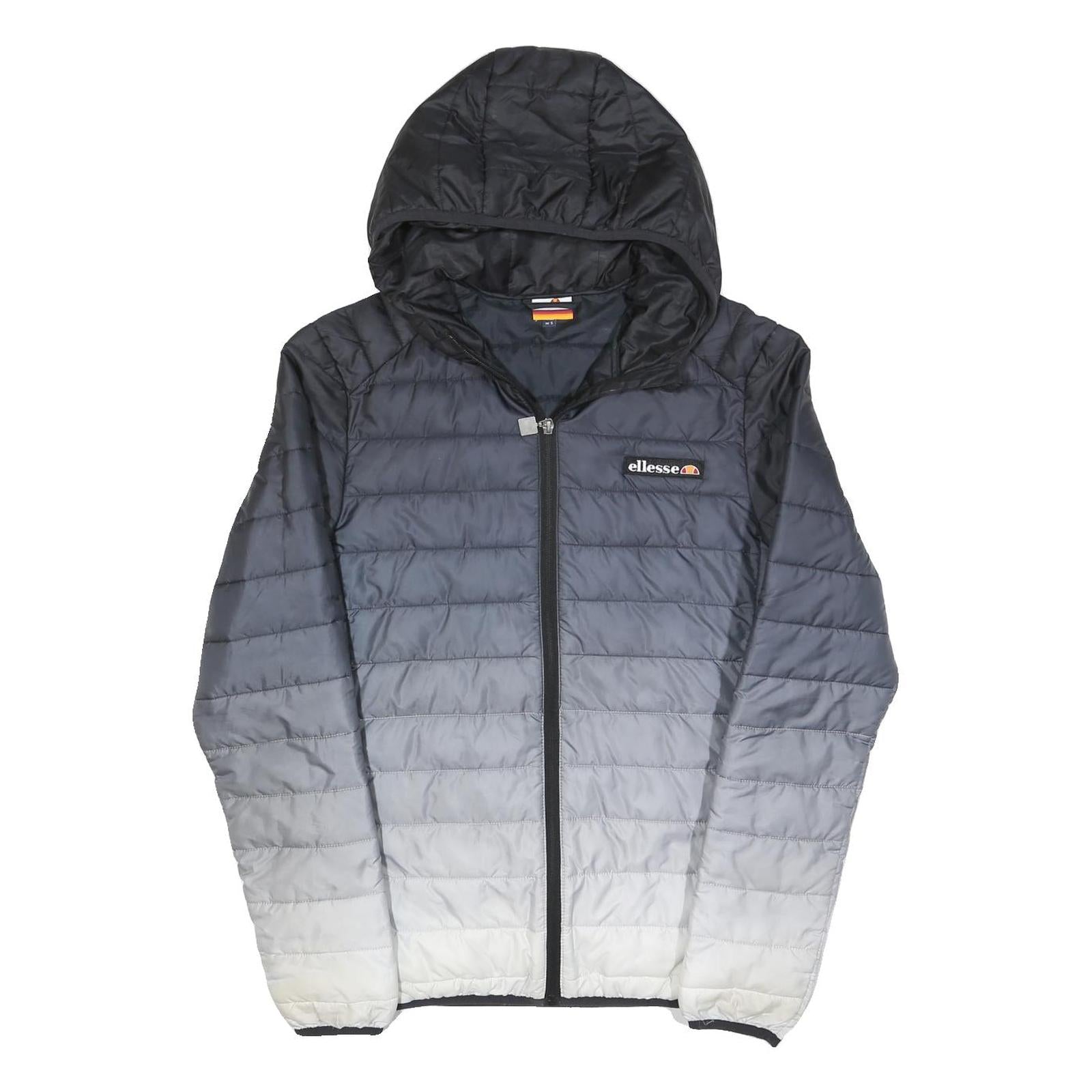ELLESSE Mens Black & Grey Ombre Quilted Hooded Jacket S Polyester Blend Zip