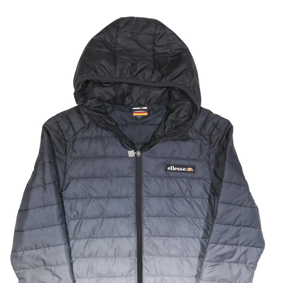 ELLESSE Mens Black & Grey Ombre Quilted Hooded Jacket S Polyester Blend Zip