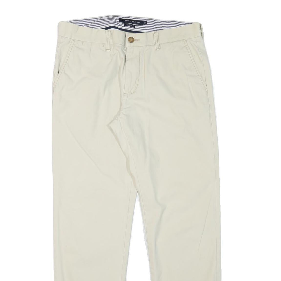 TOMMY HILFIGER Mens Regular Fit Beige Cotton Blend Trousers W32 L30 Classic Zip